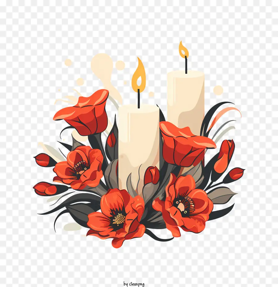 Journée De Toutes Les âmes，Bougies Avec Des Fleurs PNG