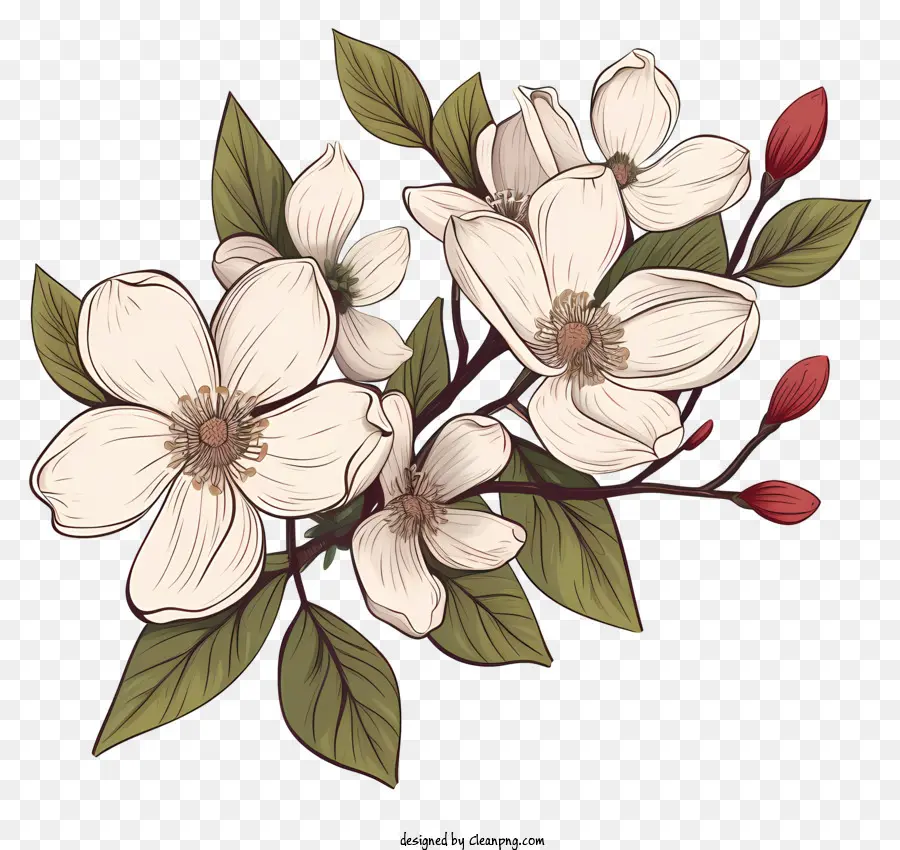 Branche Avec Des Fleurs Blanches，Fleurs En Forme De Pétale PNG