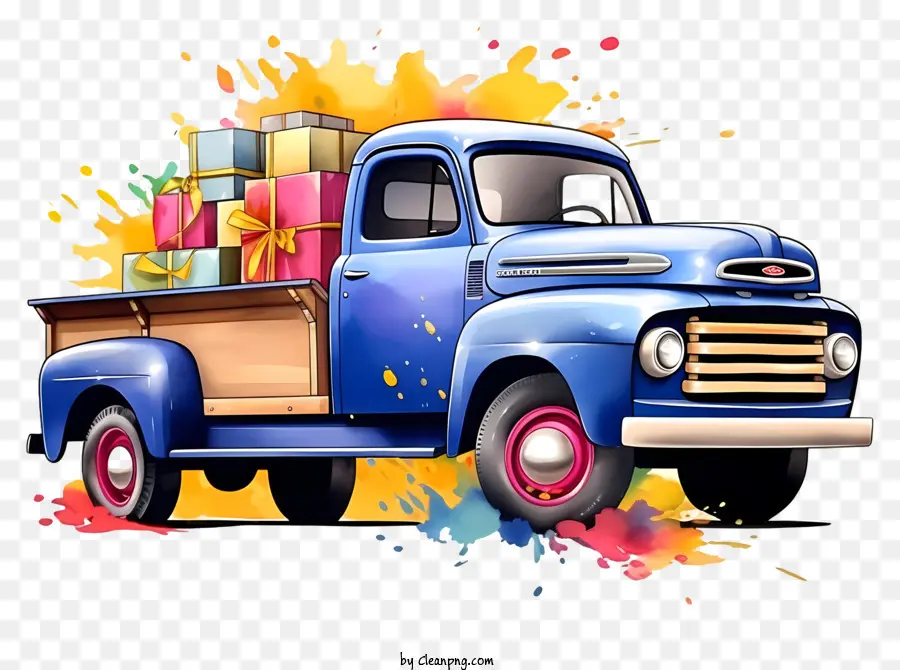 Camion Bleu，Pickup Bleu Avec Cadeaux PNG