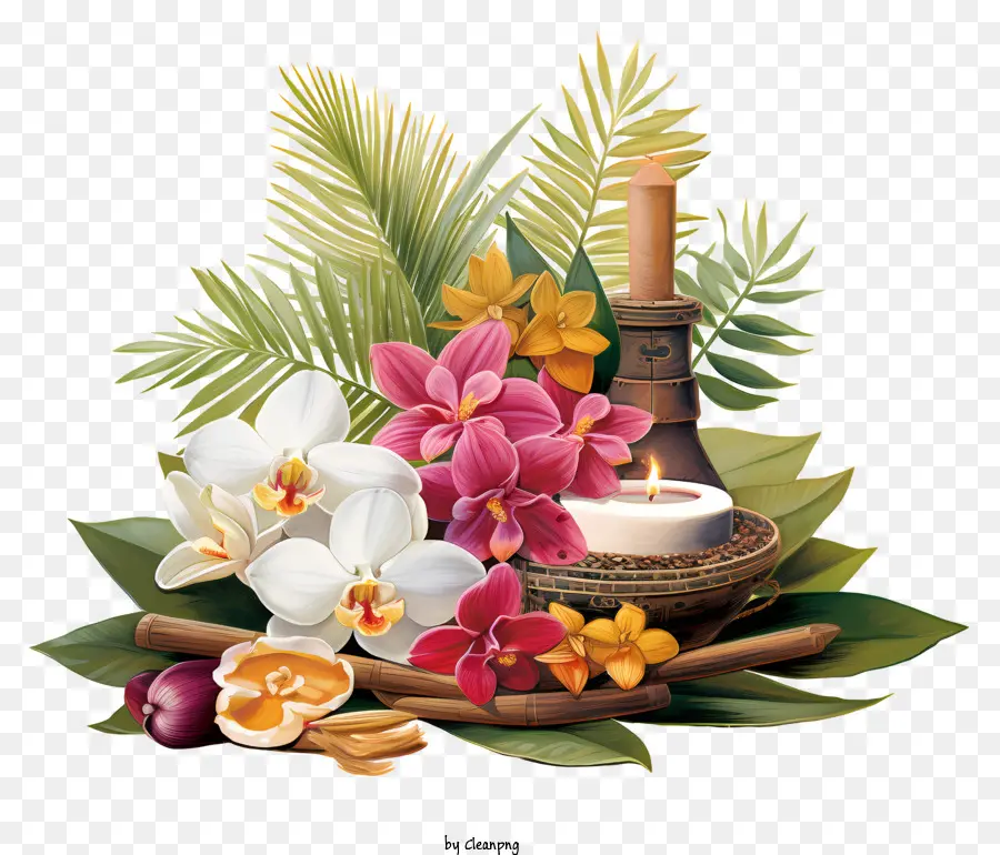 Mise En Table，Orchidées Et Bougie PNG