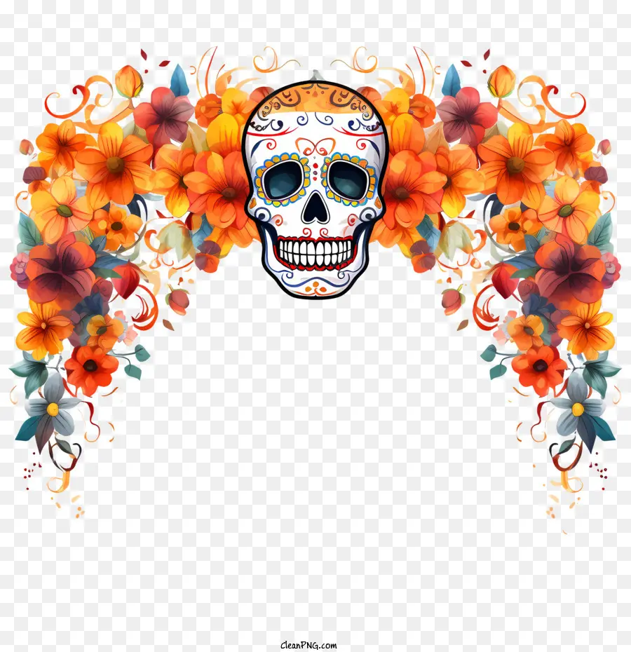 Dia De Muertos，Cadre De Crâne Floral PNG