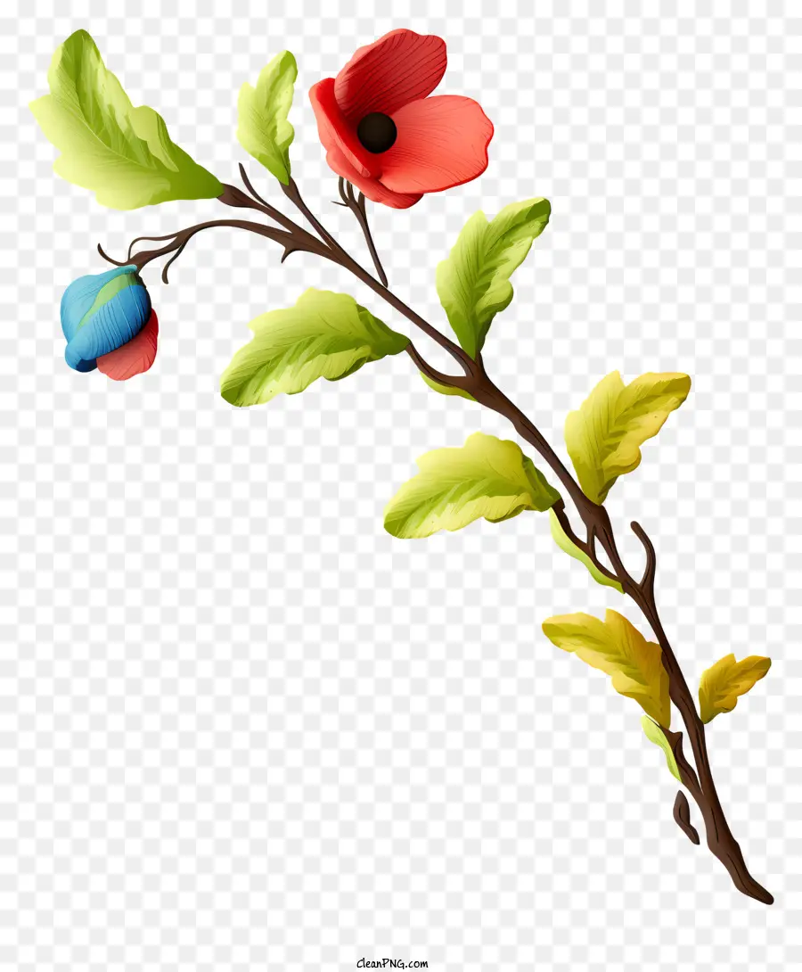 Branche Avec Des Fleurs，Fleurs Rouges Et Bleues PNG