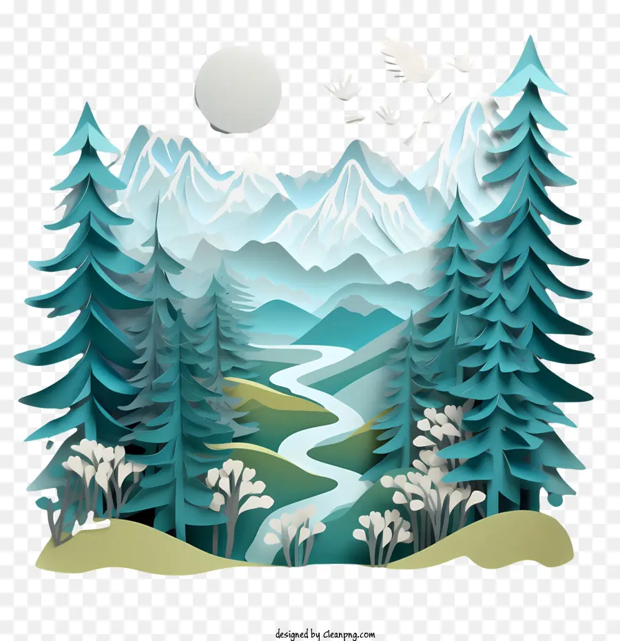 Forêt De Montagne，Paysage D'art En Papier PNG