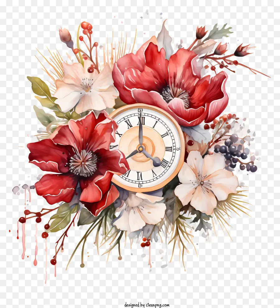 Peinture à L'aquarelle，Horloge Et Fleurs PNG