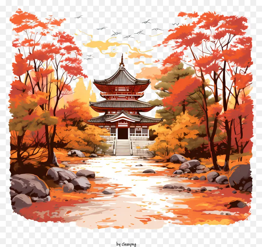 Temple Japonais，Forêt D'automne PNG