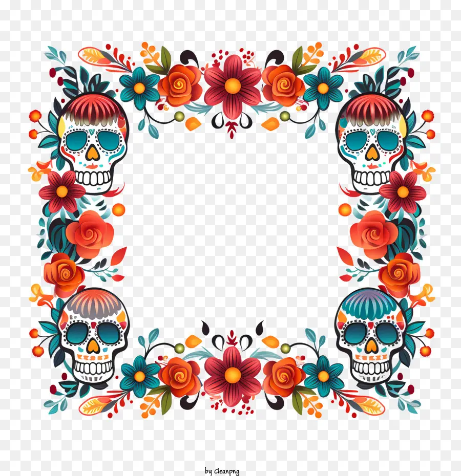 Dia De Muertos，Crânes Et Fleurs PNG