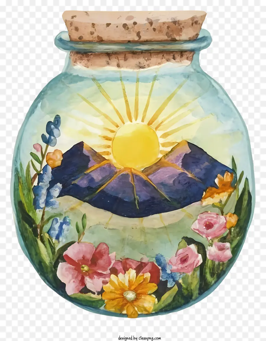 Vase De Fleurs，Pot Avec Scène De Nature PNG