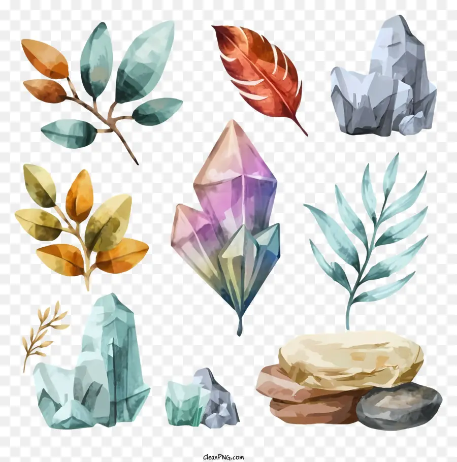 Cristaux D'aquarelle，Cristaux Et Feuilles PNG