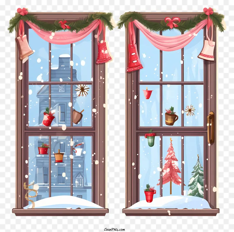 Décorations De Fenêtre De Noël，Vue De Fenêtres De Vacances PNG