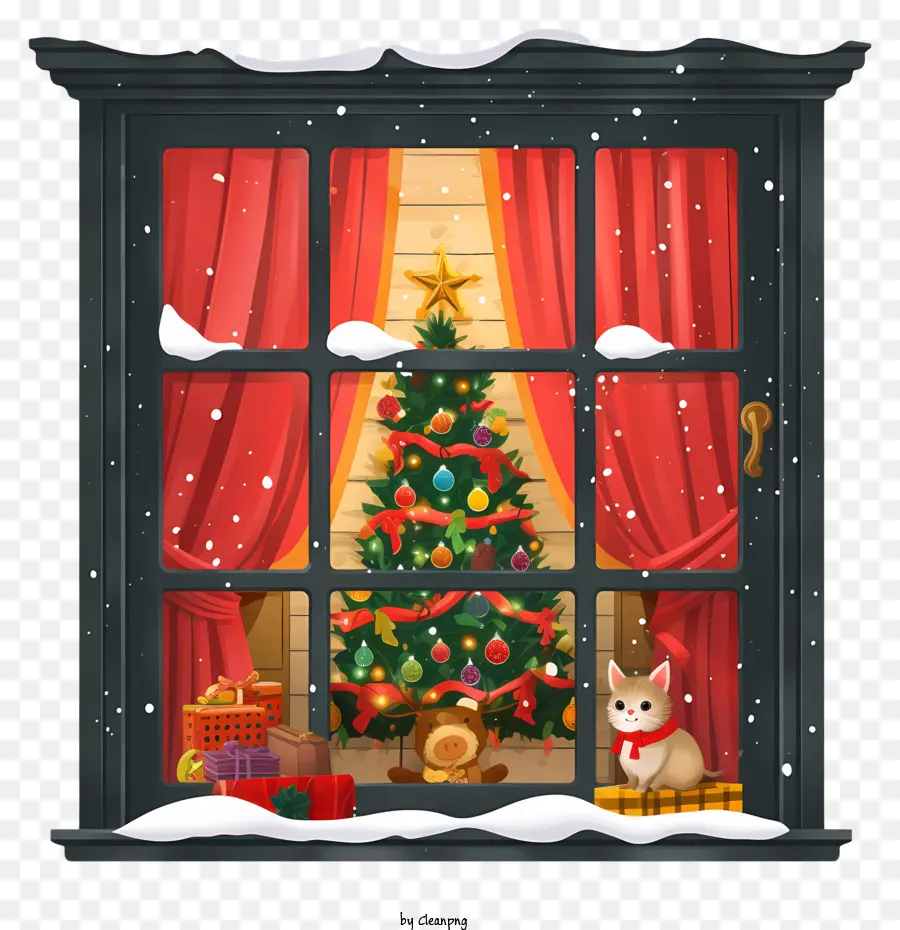 Décorations De Fenêtre De Noël，Scène De Fenêtre Enneigée PNG