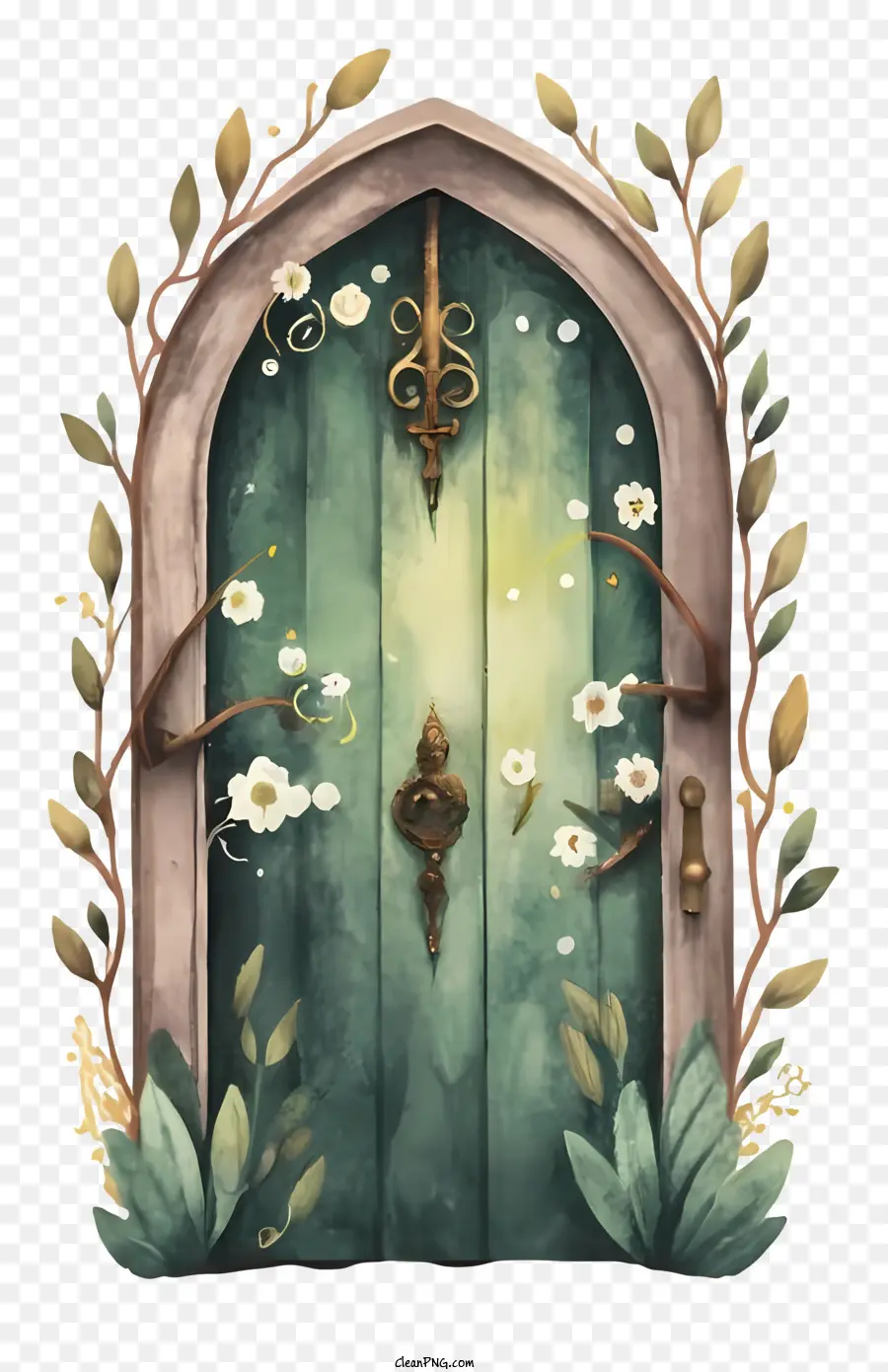 Porte En Bois Vert，Vignes Et Fleurs PNG