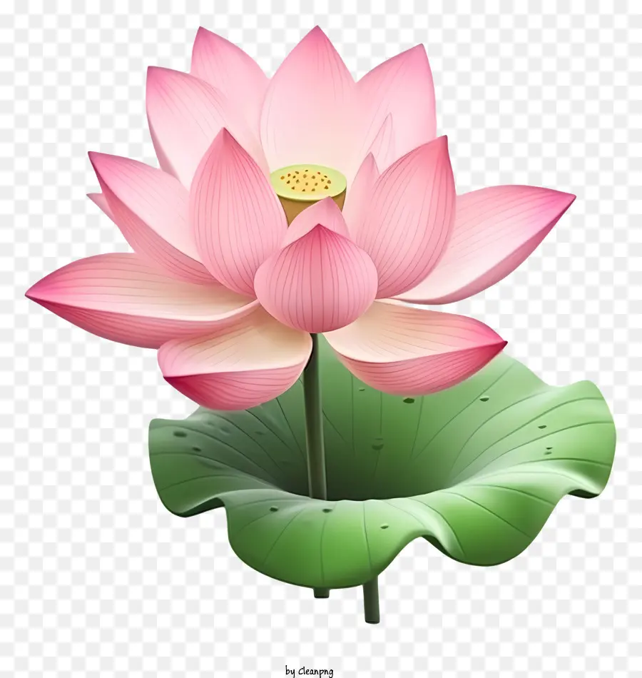 Fleur De Lotus Rose，Tige Verte Et Feuilles PNG