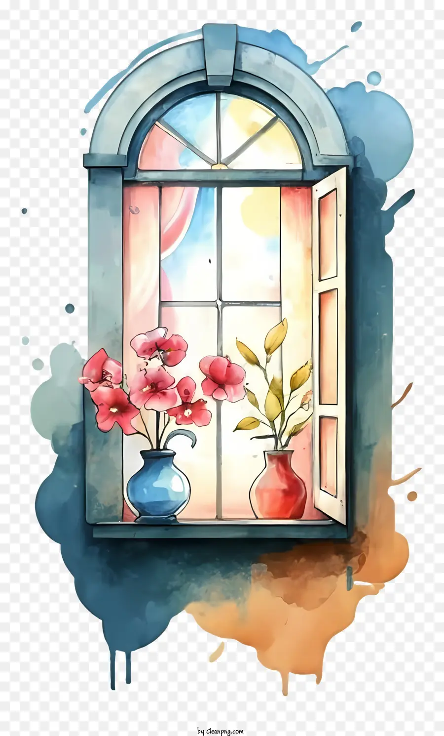 La Fenêtre De Fleurs，Vases Sur Le Rebord De La Fenêtre PNG