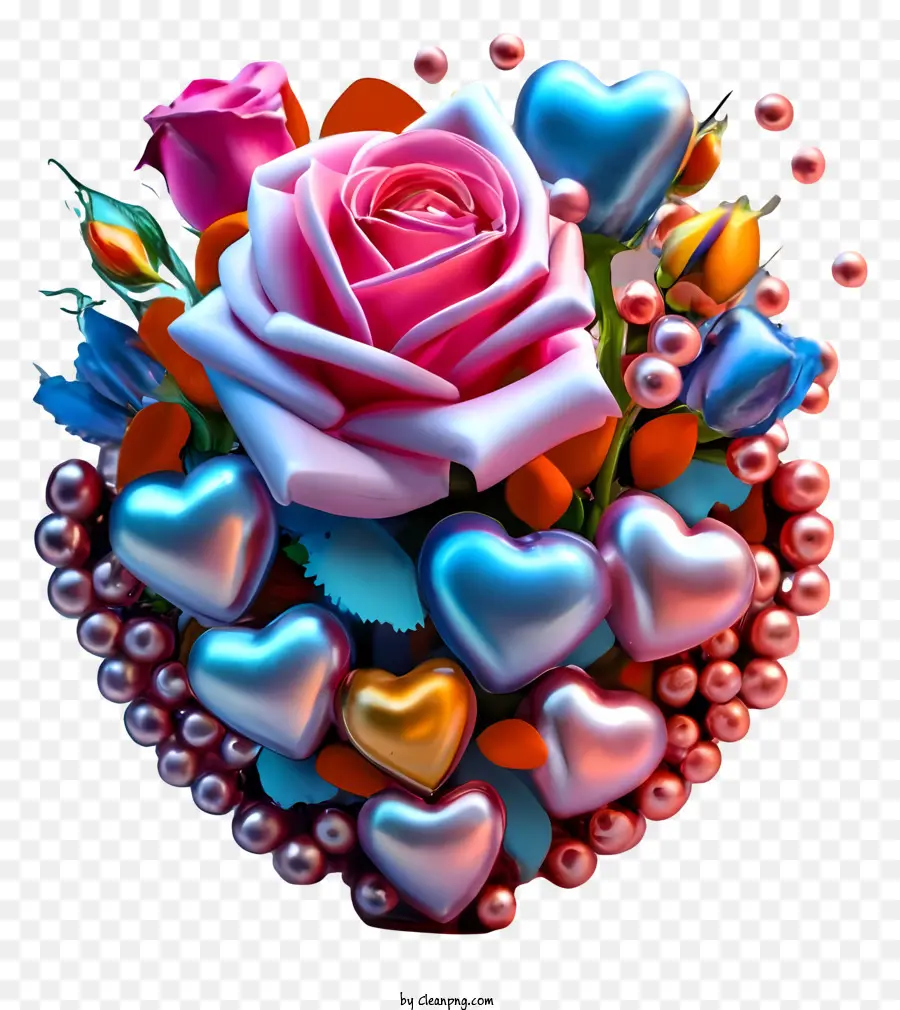 Perles En Forme De Coeur，Fleurs Et Coeurs Colorés PNG