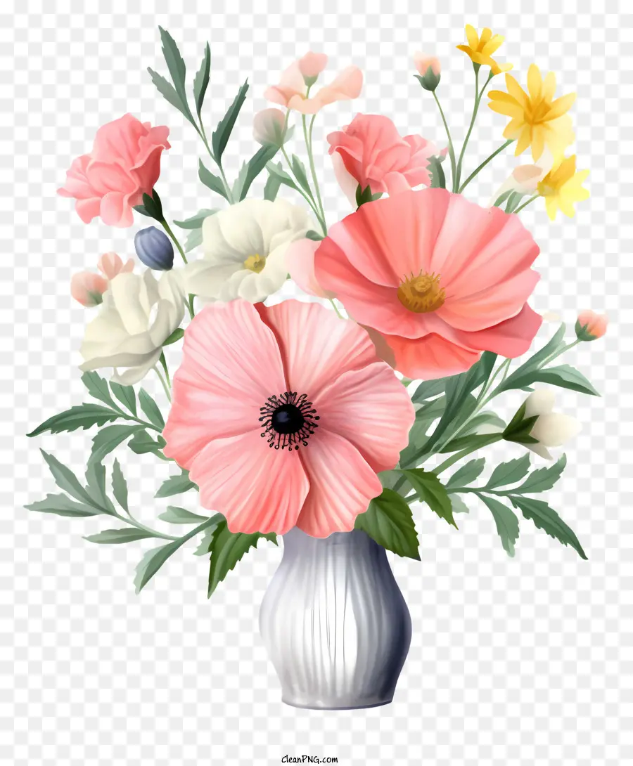 Vase Blanc，Fleurs Roses Et Blanches PNG