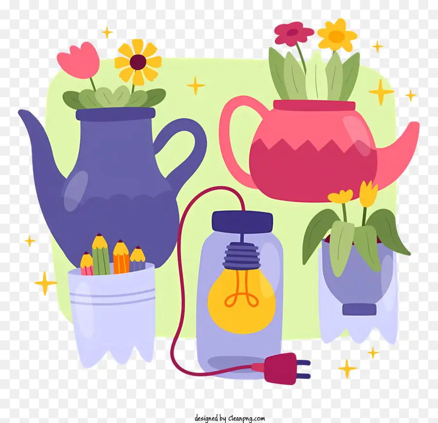 Théières à Fleurs，Fleurs Et Ampoule PNG