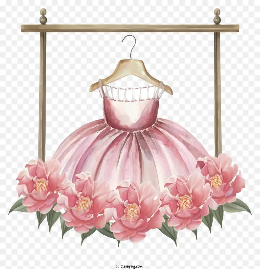 Robe En Satin Rose，Cintre En Bois PNG