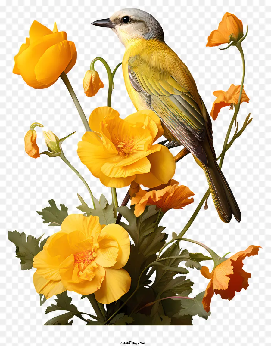 Oiseau Jaune，Des Fleurs D'orange PNG
