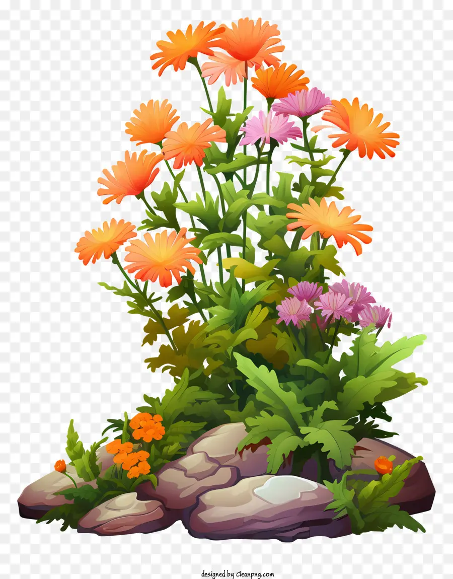 Paysage Rocheux，Fleurs Roses Et Oranges PNG