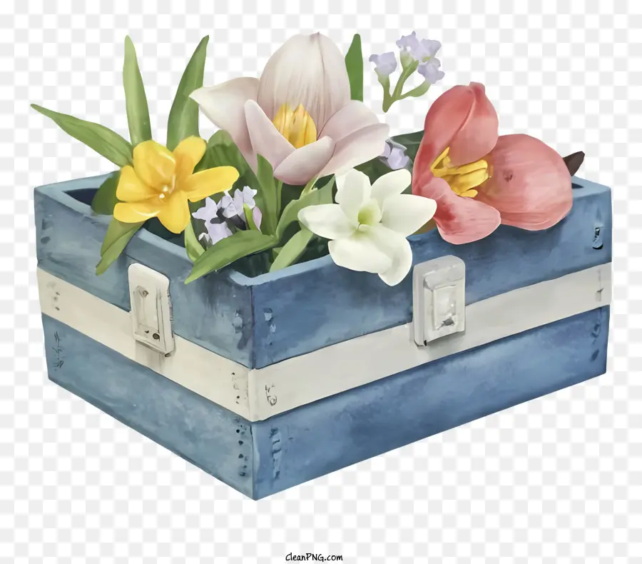 Coffret En Bois Bleu，Boîte à Fleurs PNG