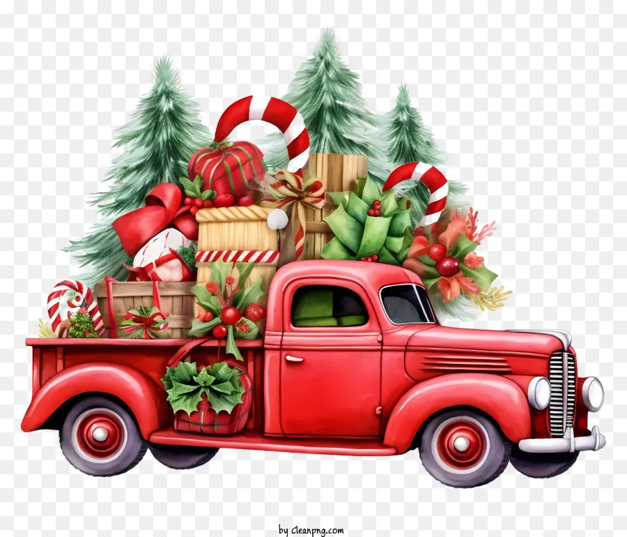 Camion Rouge Vintage，Cadeaux De Noël PNG