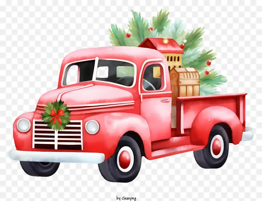 Camionnette Rouge，Arbres De Noël PNG