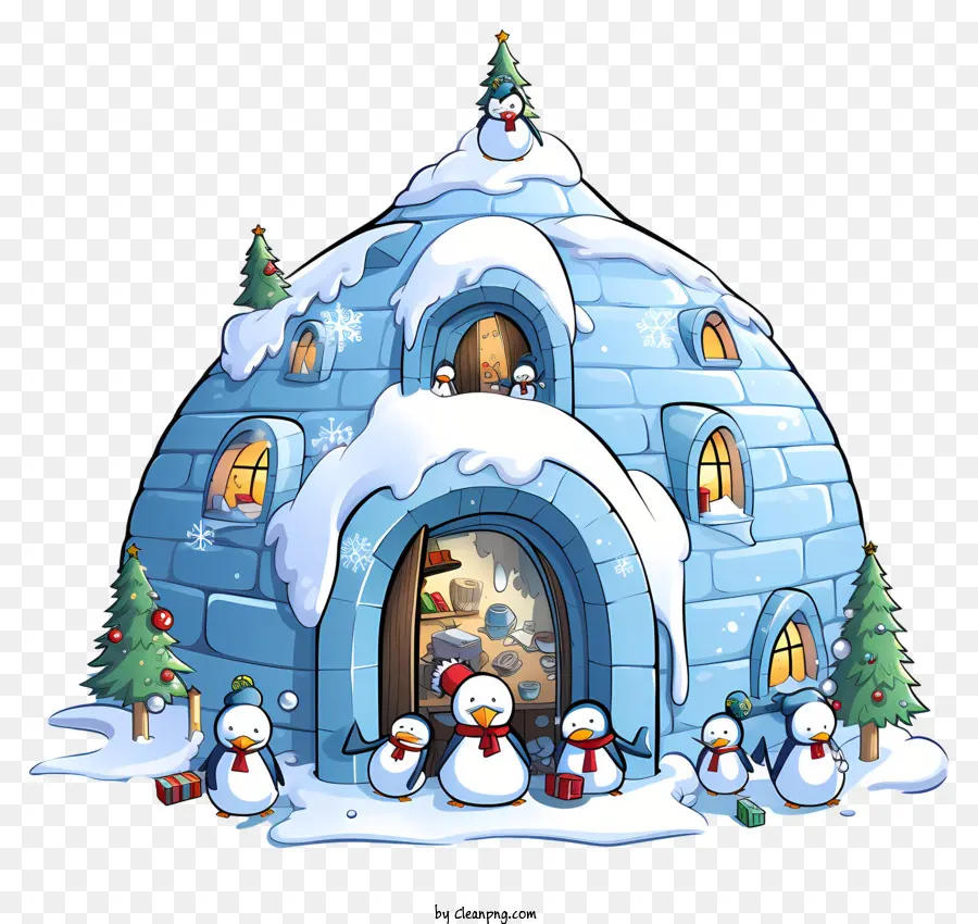 Igloo Enneigé，Igloo Avec Des Pingouins PNG