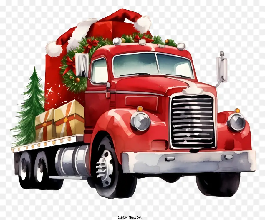 Semi Camion Rouge，Un Chapeau De Père Noël PNG