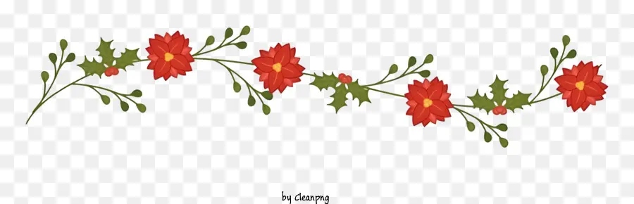 Couronne Florale Noire Et Blanche，Fleurs Rouges Avec Des Feuilles Vertes PNG