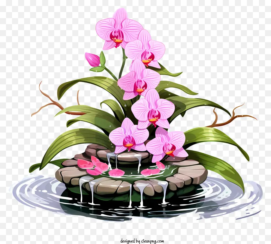 Fleur D'orchidée Rose，Fontaine De Pierre PNG