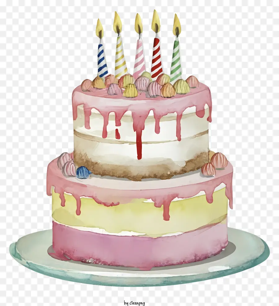 Bougies D'anniversaire Allumés，Rose Un Gâteau D'anniversaire PNG