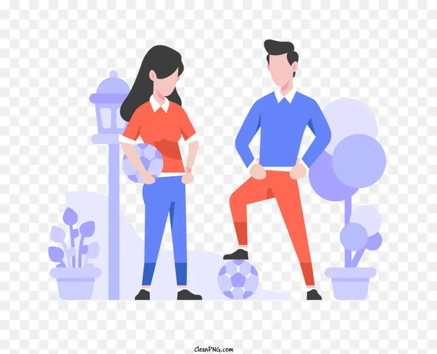 Dessin Animé，Homme Et Femme Avec Ballon De Football PNG