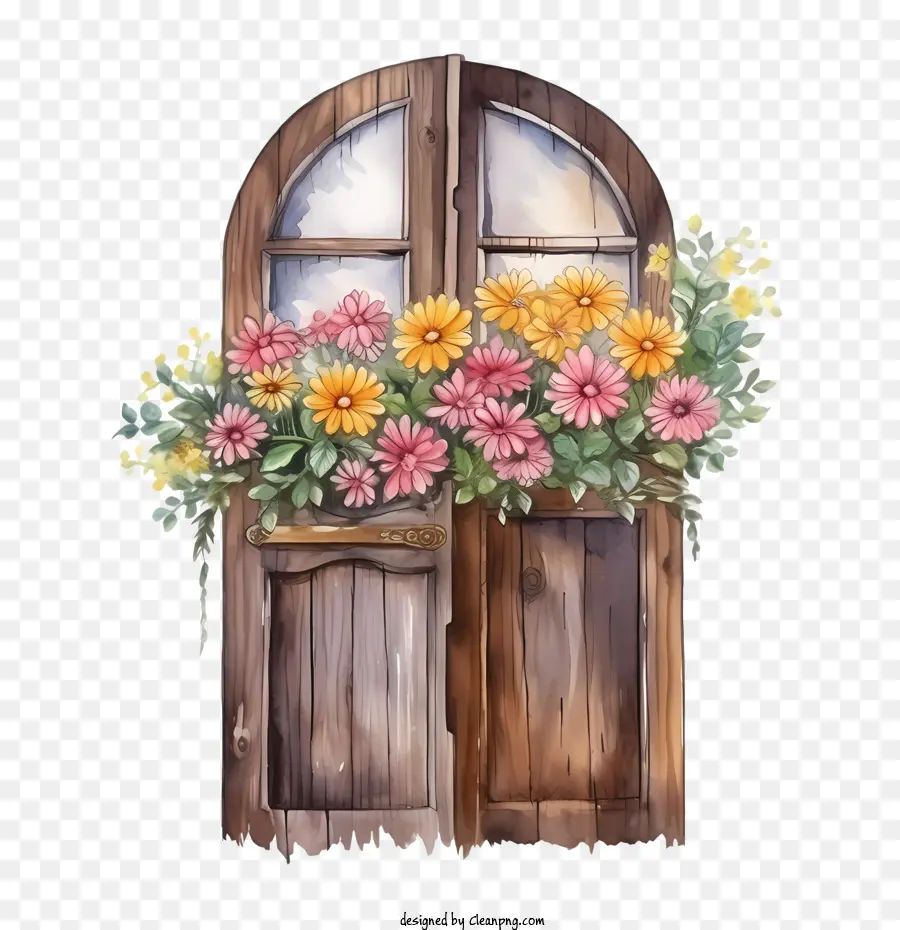 Porte En Bois，Porte Avec Des Fleurs PNG