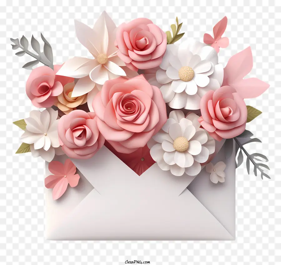 Enveloppe Blanche，Rose Bouquet De Fleurs PNG