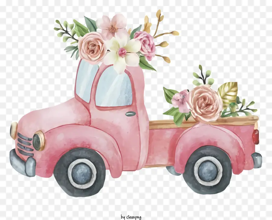 Camionnette Rose，Fleurs Dans Le Lit De Camion PNG