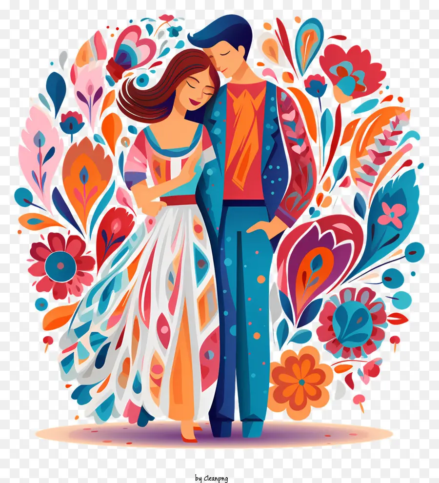 Amour，Couple Avec Fond Floral PNG