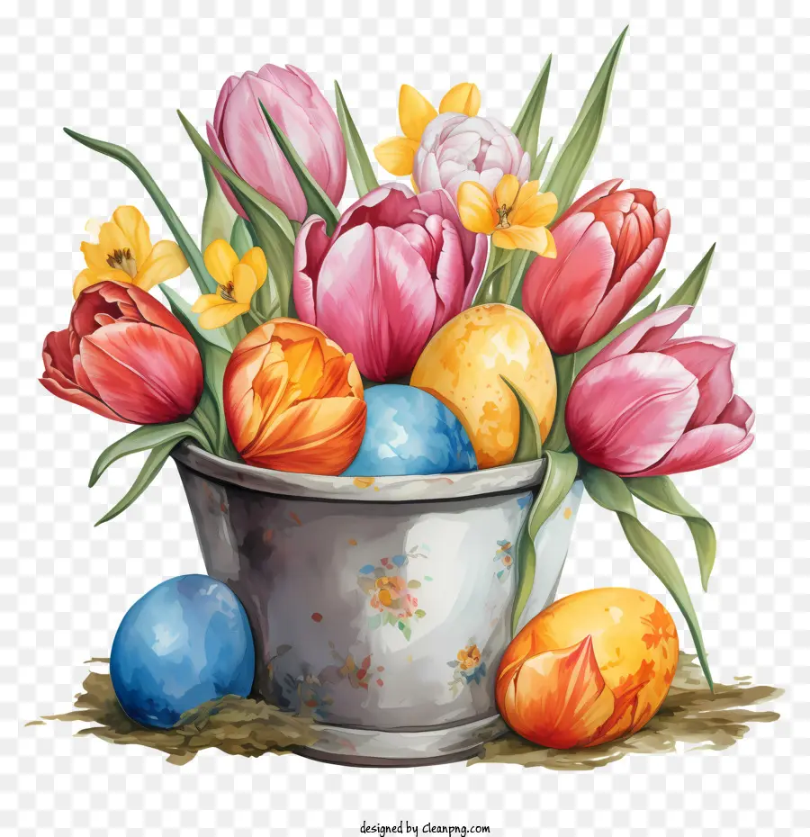 Vase，Oeufs De Pâques Et Tulipes PNG