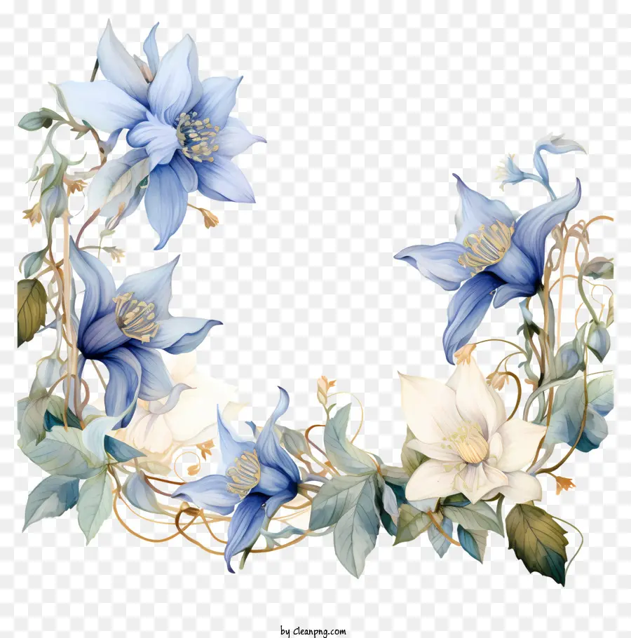 Couronne Florale Bleue Et Blanche，Couronne De Centre Doré PNG