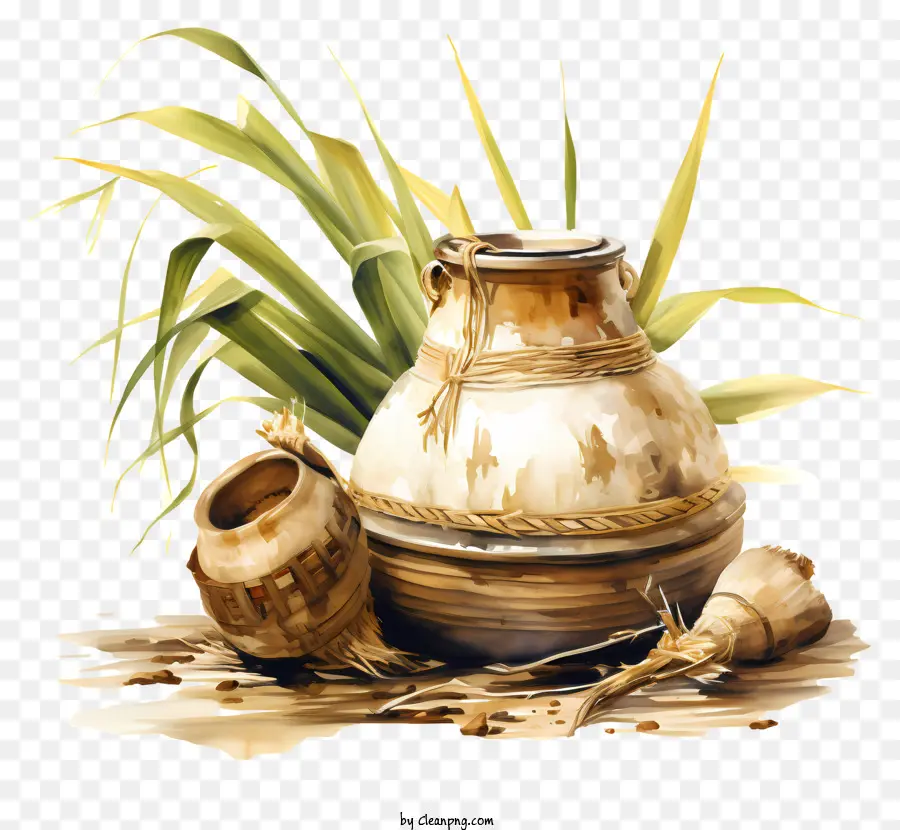 Vase，Pots En Argile Avec Canne à Sucre PNG