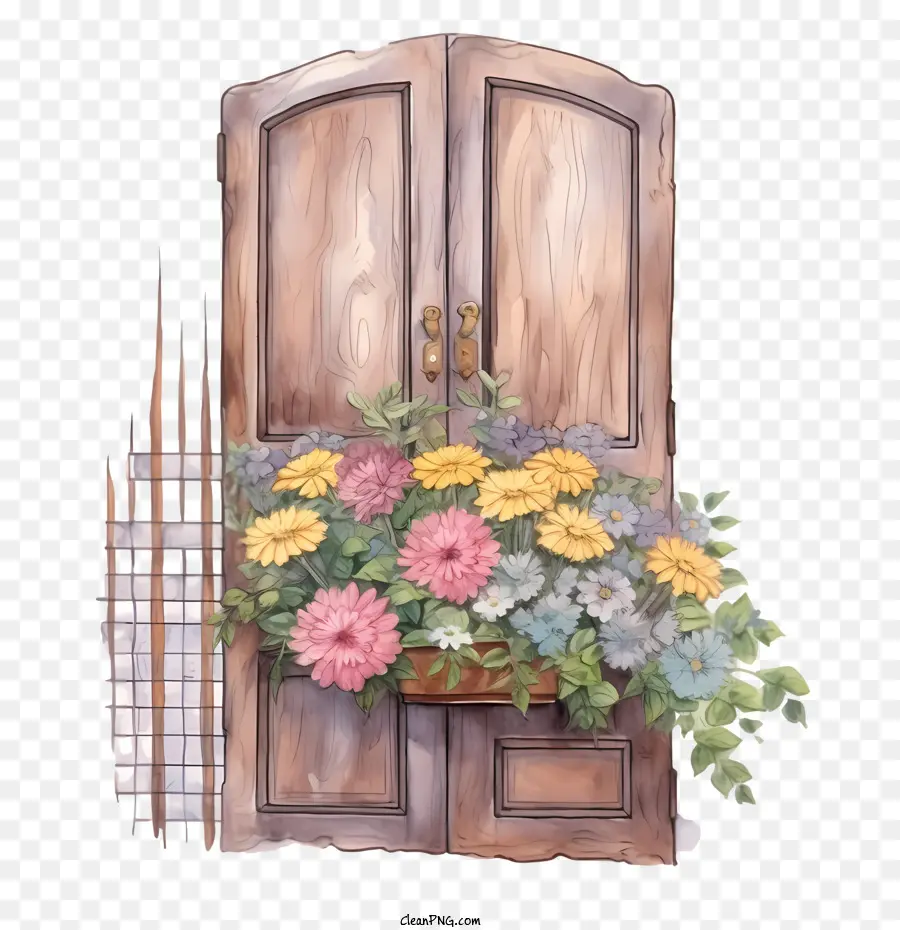 Porte En Bois，Porte Avec Des Fleurs PNG