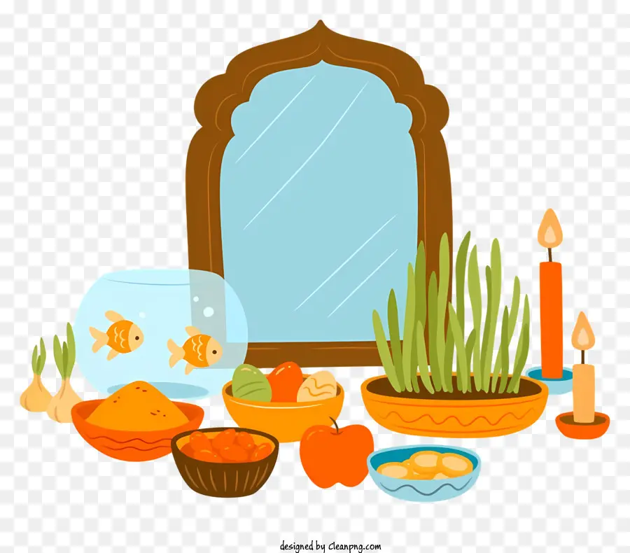 Décoration De Table，Miroir Et Poisson PNG