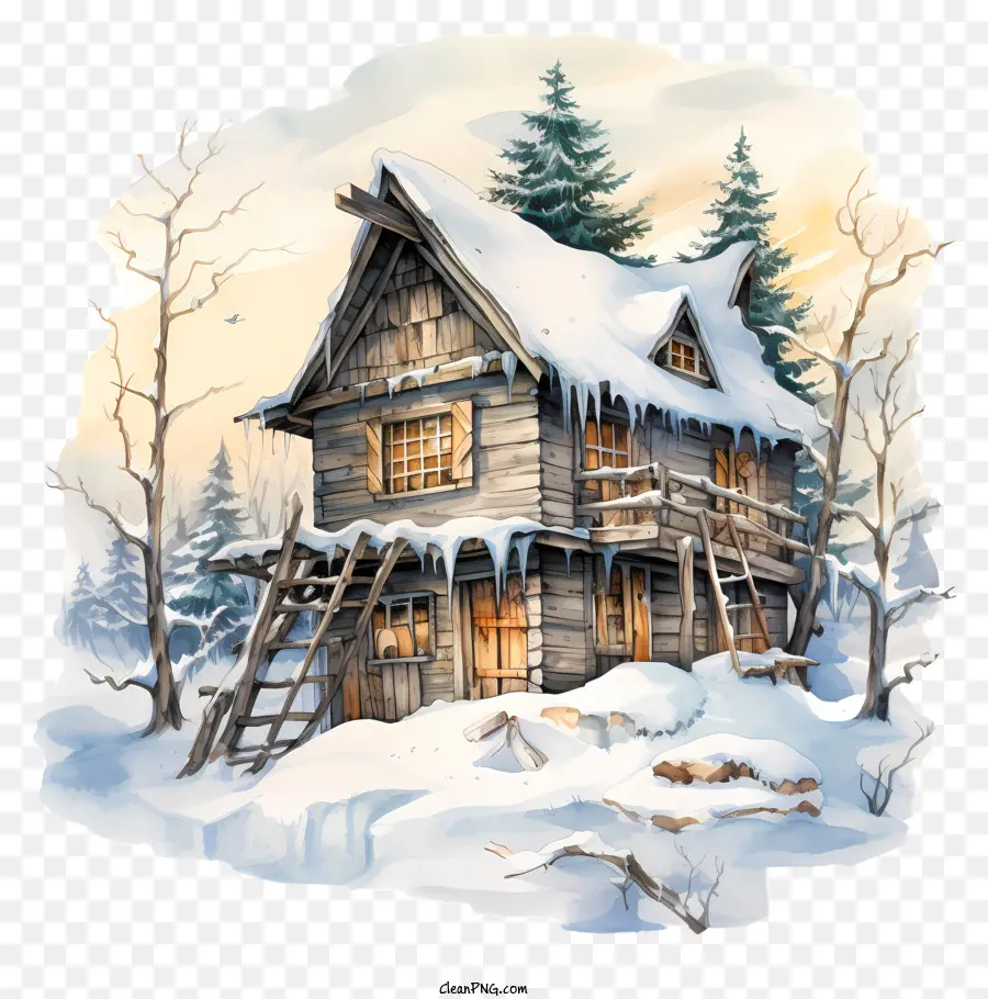 Forêt D'hiver，Maison En Bois Enneigée PNG