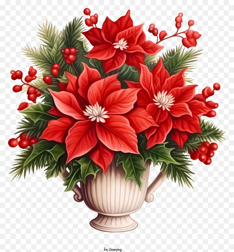 Vase à Fleurs Rouges，Poinsettias PNG