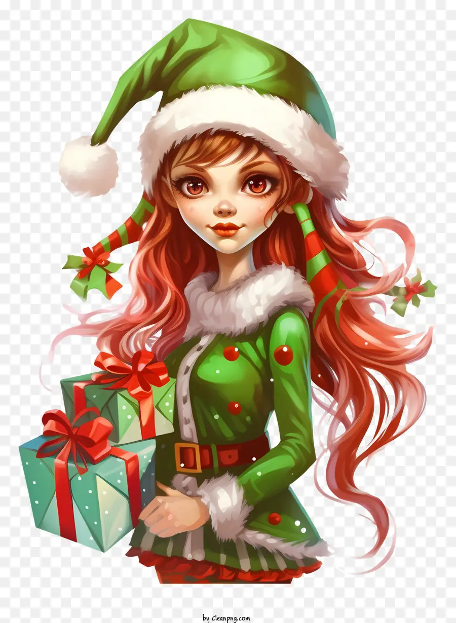 Fille Mignonne，Costume Vert Et Rouge PNG