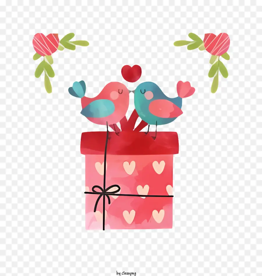 Carte En Forme De Coeur，Tourtereaux Sur Boîte Cadeau PNG