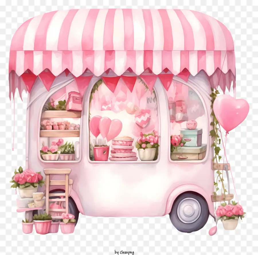 Stand Romantique De La Saint Valentin Pastel，Camion Rayé Rose Et Blanc PNG
