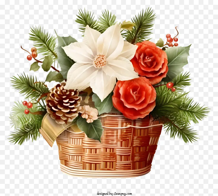 Panier De Fleurs De Noël Réaliste，Les Décorations De Noël PNG