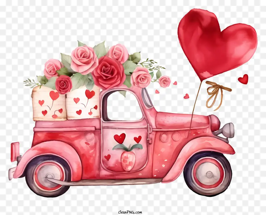 Véhicule De La Saint Valentin Aquarelle，Voiture Rouge PNG