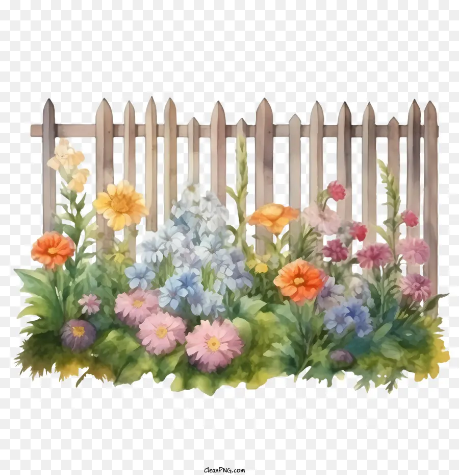 Clôture De Jardin En Bois，Fleurs Colorées PNG