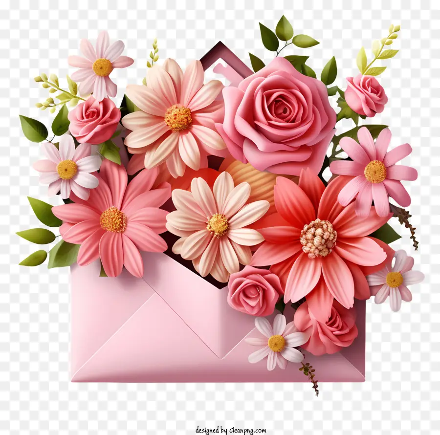 Enveloppe Coeur，Fleurs Roses PNG